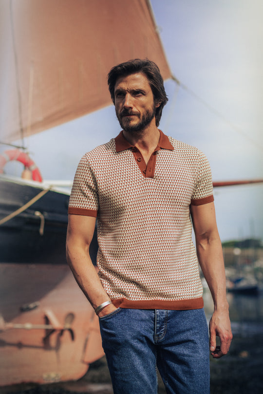 Belmont Knitted Polo Off White / Auburn