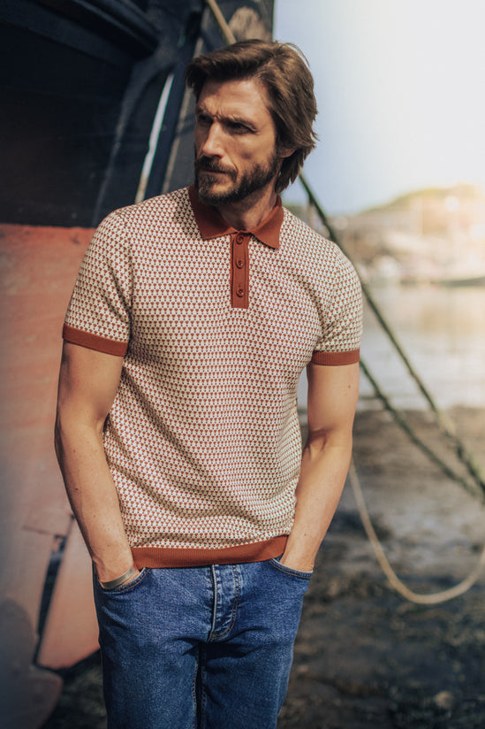 Belmont Knitted Polo Off White / Auburn