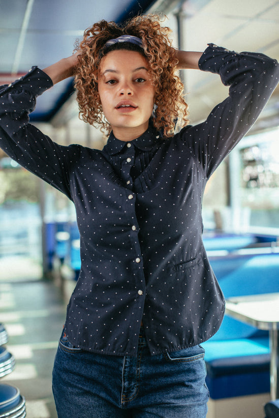 Damsons Western Shirt Navy Polka Dot