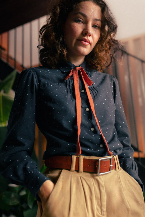 Damsons Western Shirt Navy Polka Dot