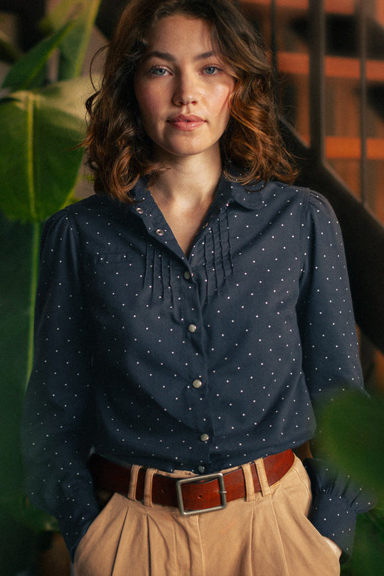 Damsons Western Shirt Navy Polka Dot