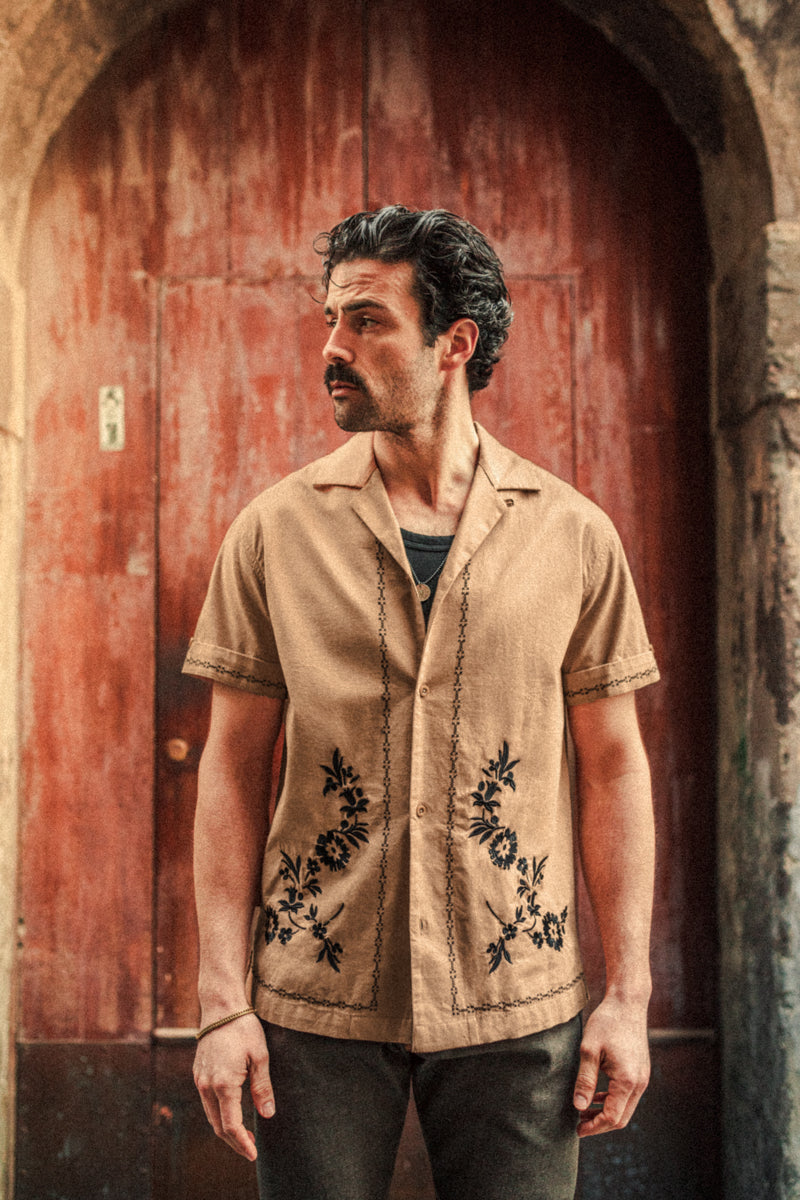 Luca Embroidered Shirt Tan | Mens Linen Blend Shirt | &SONS