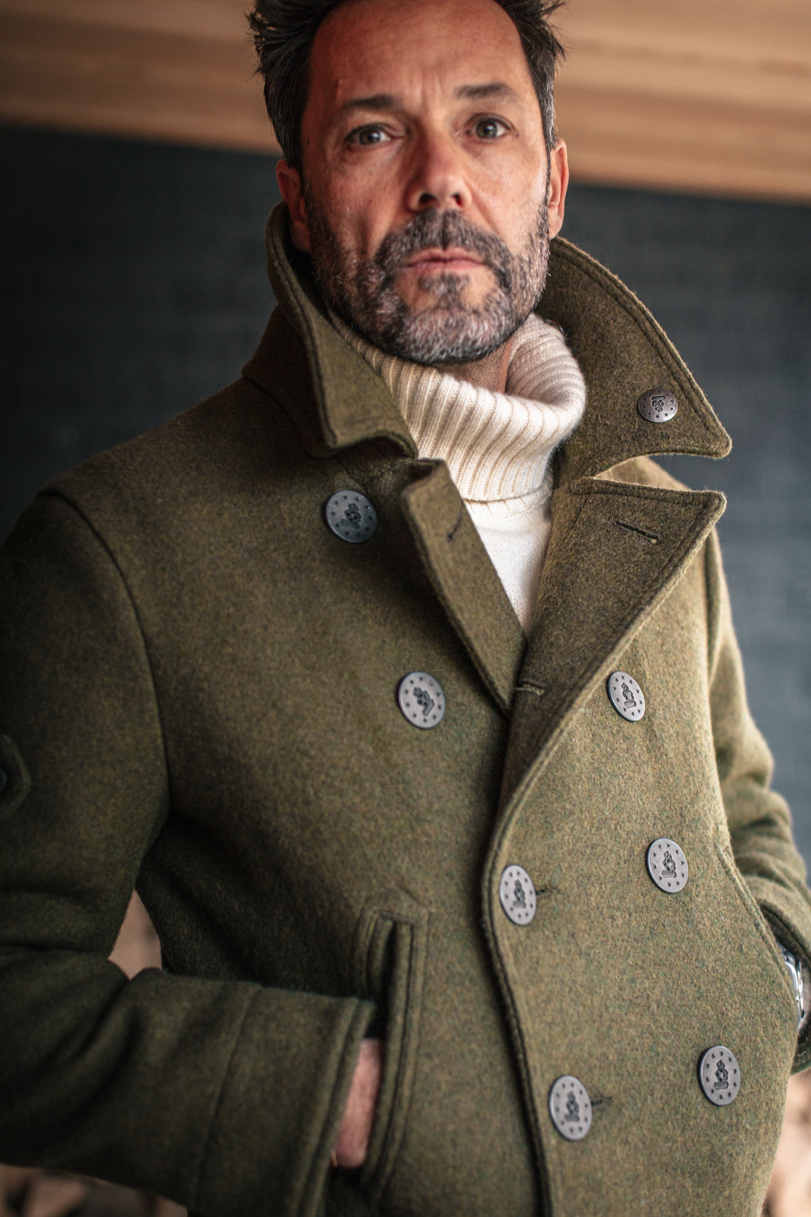 Boardwalk Peacoat Army Green | Men's Wool Coat | &SONS