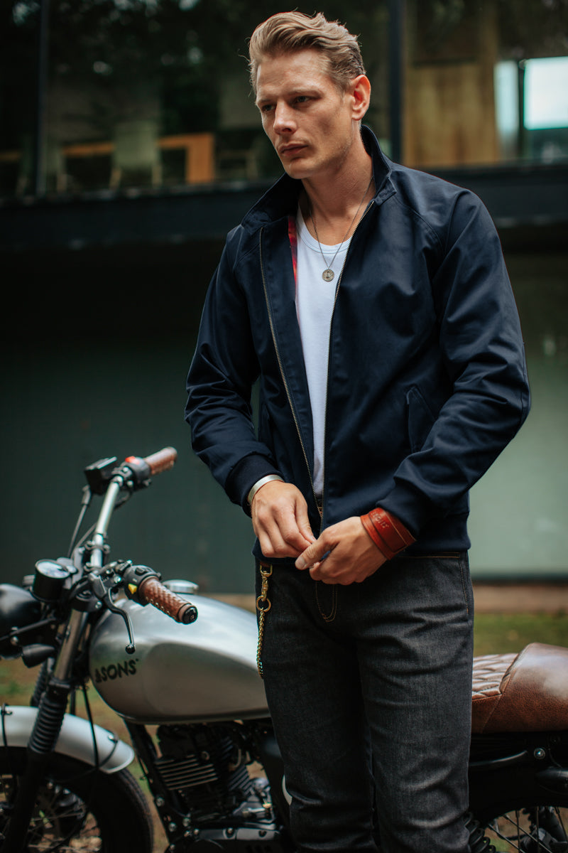 Navy harrington jacket on sale outfit